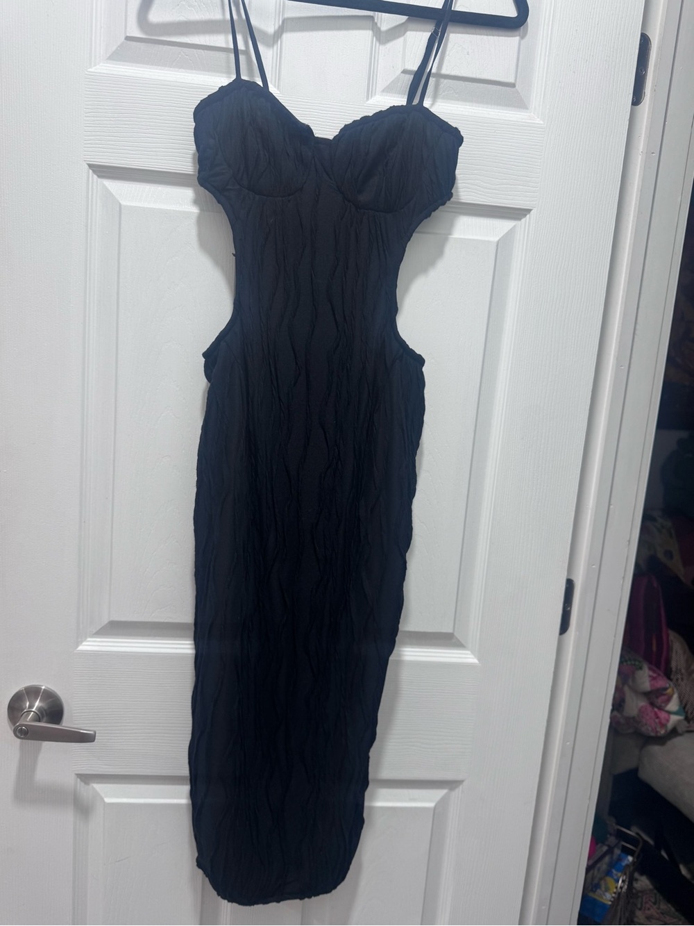 Black Cutout Bodycon Midi Dress with Spaghetti Straps
